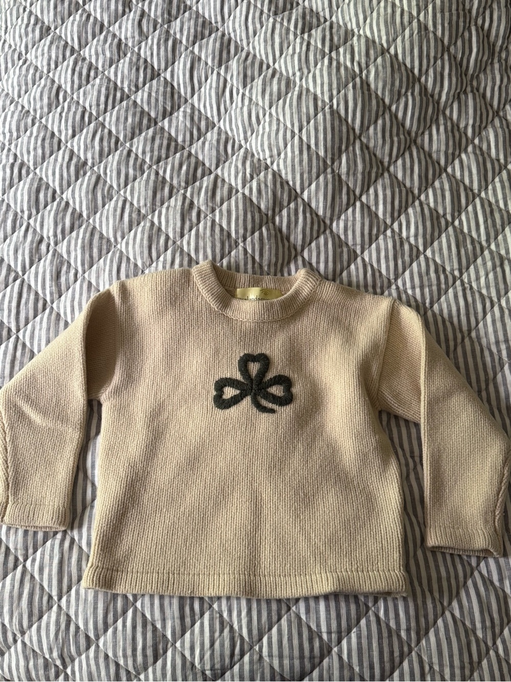 Kids Cream Knit Sweater with Dark Green Clover